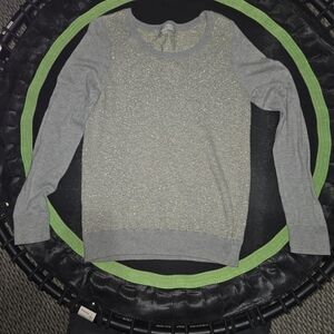 LOFT Gray Crewneck Sweater with Gold Metallic Front